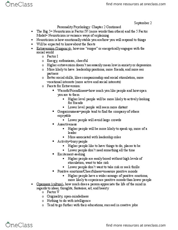 PSY 246 Lecture Notes - Lecture 2: Agreeableness, Conscientiousness, Goose Bumps thumbnail