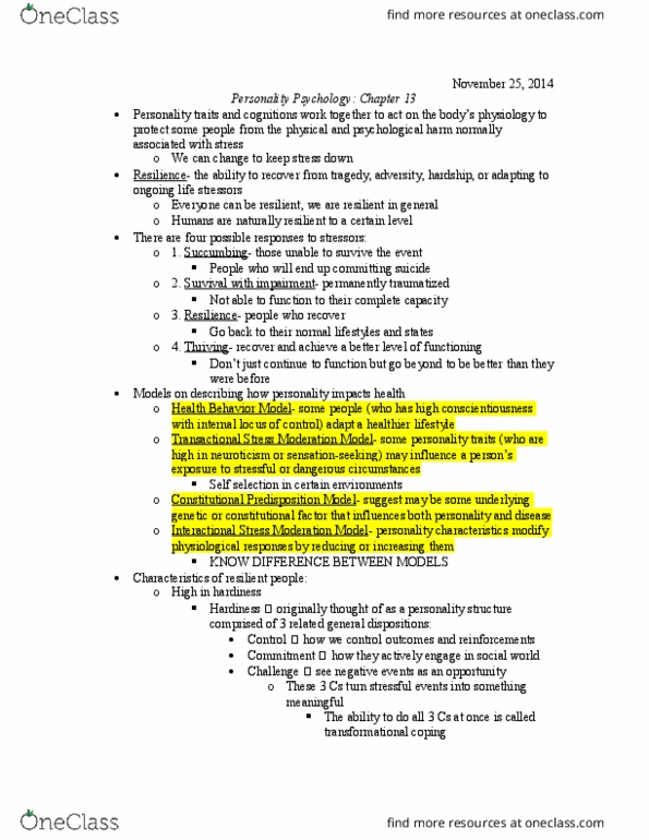 PSY 246 Lecture Notes - Lecture 15: Homeostasis, Optimism, Extraversion And Introversion thumbnail