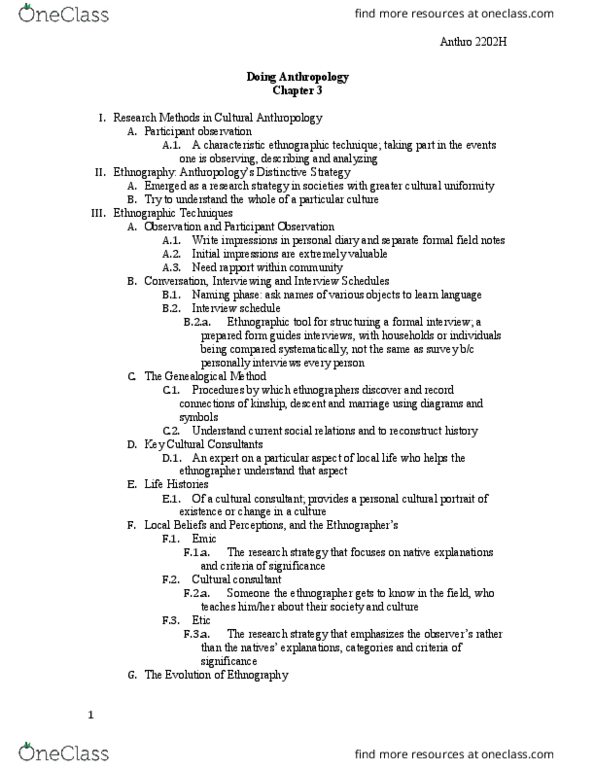 ANTHROP 2202H Chapter Notes - Chapter 3: Social Stratification, Informed Consent, Salvage Ethnography thumbnail