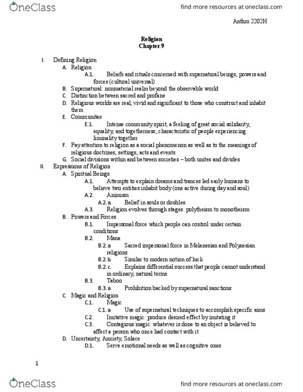 ANTHROP 2202H Chapter Notes - Chapter 9: Cargo Cult, Totem, Liminality thumbnail