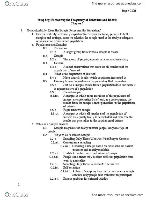 PSYCH 2300 Chapter Notes - Chapter 7: Nonprobability Sampling, Oversampling, Internal Validity thumbnail