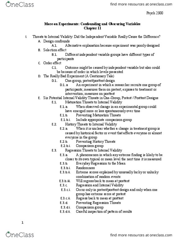PSYCH 2300 Chapter Notes - Chapter 11: Internal Validity, Measuring Instrument, Confounding thumbnail