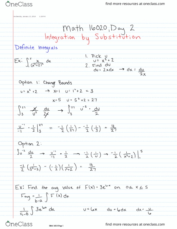 MA 16020 Lecture 2: Integration by Substitution (cont.) thumbnail