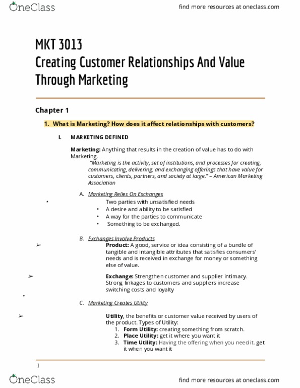 MKT 3013 Lecture Notes - Lecture 1: Marketing Mix, American Marketing Association, Customer Relationship Management thumbnail