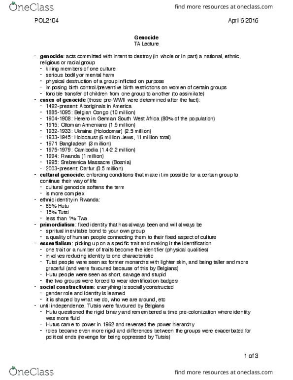 POL 2104 Lecture Notes - Lecture 25: Srebrenica Massacre, Tutsi, Hutu thumbnail