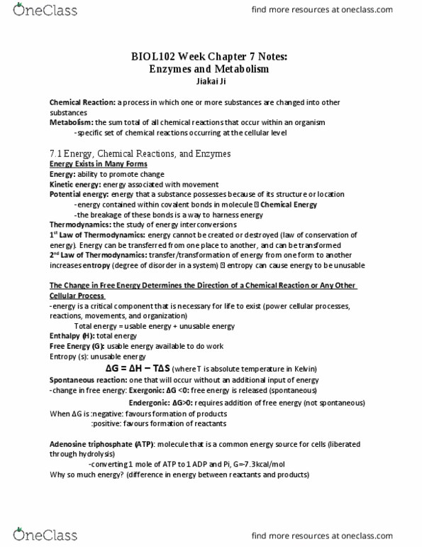 BIOL 102 Chapter Notes - Chapter 7: Mitochondrion, Phosphofructokinase, Cytosol thumbnail