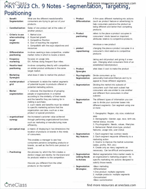 MKT 3013 Chapter Notes - Chapter 9: Chobani, Mass Customization, Mass Marketing thumbnail
