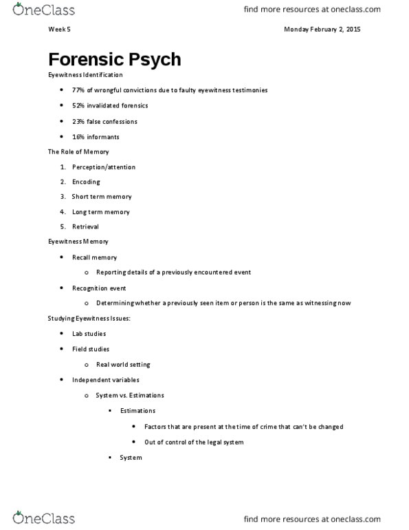PSYC 2001 Lecture Notes - Lecture 5: Short-Term Memory, Recognition Memory, Cognitive Interview thumbnail