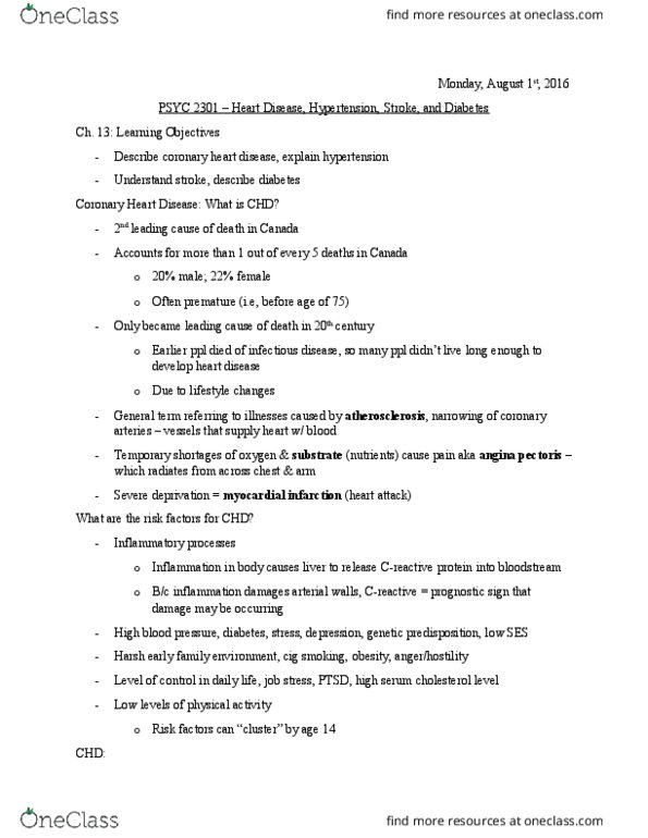 PSYC 2301 Lecture Notes - Lecture 8: Coronary Artery Disease, Coronary Circulation, American Heart Association thumbnail