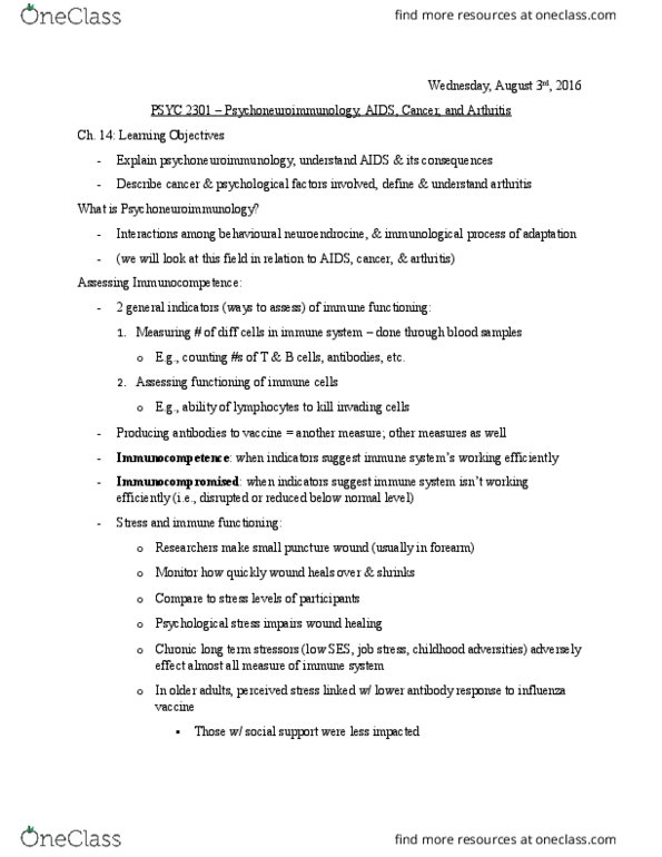 PSYC 2301 Lecture Notes - Lecture 9: Aids, Inflammatory Bowel Disease, Massage thumbnail