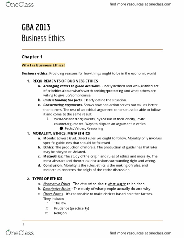 GBA 2013 Chapter Notes - Chapter 1: Meta-Ethics, Business Ethics, Normative Ethics thumbnail