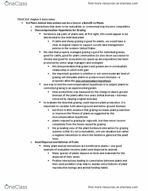 ENWC314 Chapter Notes - Chapter 9: Seed Predation, Coevolution, Herbivore thumbnail