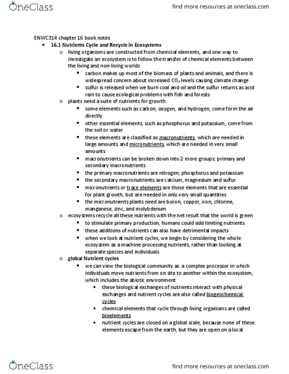 ENWC314 Chapter Notes - Chapter 16: Sulfur Cycle, Phosphorus Cycle, Nutrient Cycle thumbnail