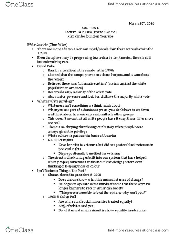SOC 1105 Lecture Notes - Lecture 14: Gallup (Company), White Privilege, Color Blindness thumbnail