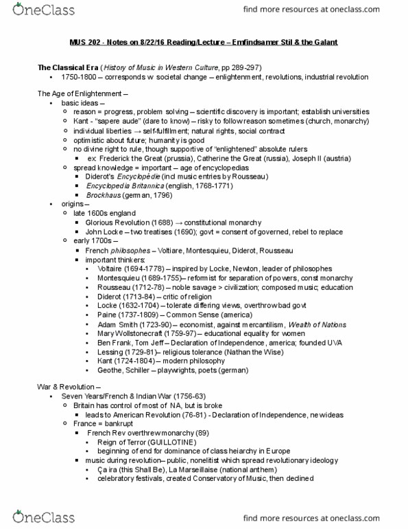 MUS 202 Lecture Notes - Lecture 2: Mary Wollstonecraft, Sapere Aude, Johann Stamitz thumbnail