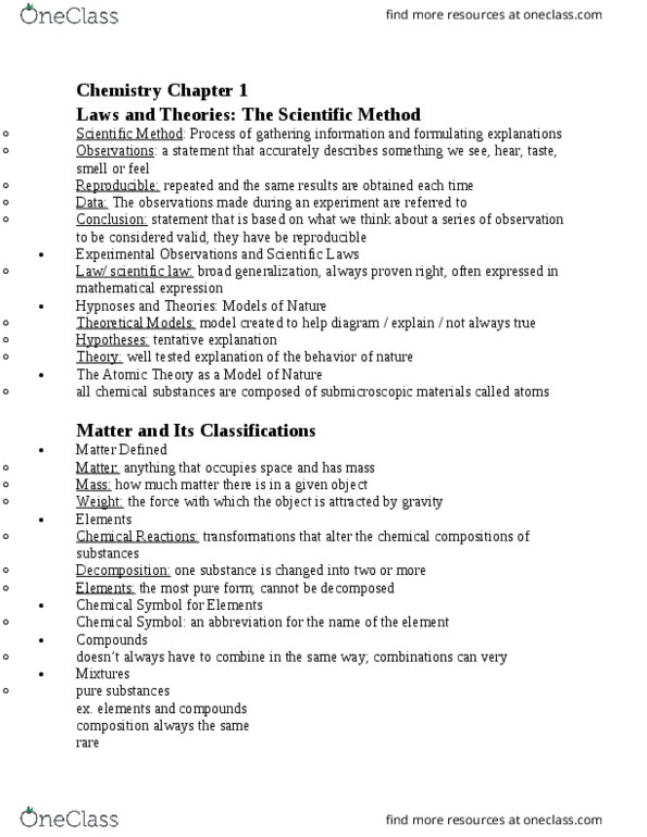 CHE-1101 Chapter Notes - Chapter 1: Chemical Substance, Scientific Law, International System Of Units thumbnail