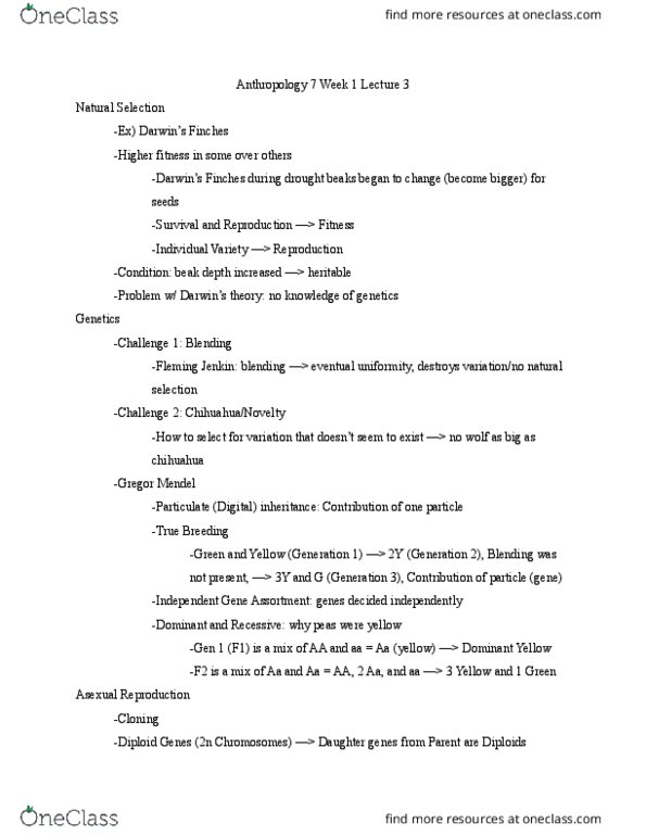 ANTHRO 7 Lecture Notes - Lecture 3: Fleeming Jenkin, Gregor Mendel, Zygote thumbnail