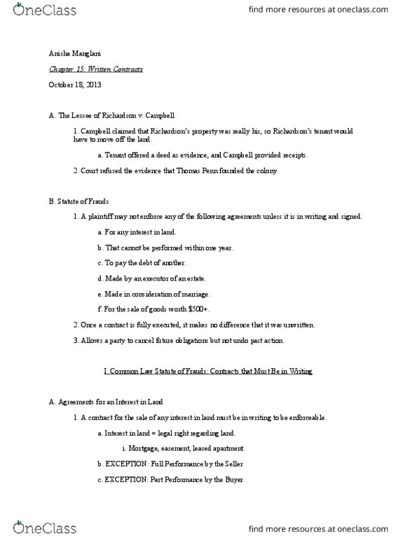 LW 221 Lecture Notes - Lecture 15: Thomas Penn, Oral Contract, Estoppel thumbnail