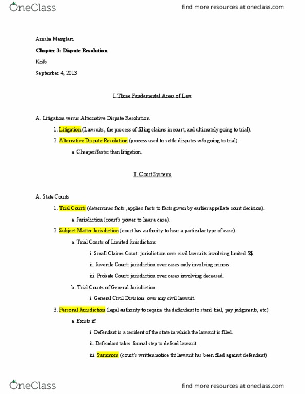LW 221 Lecture Notes - Lecture 3: Alternative Dispute Resolution, Jury Trial, Counterclaim thumbnail