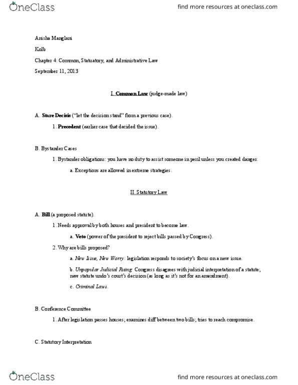 LW 221 Lecture Notes - Lecture 4: Administrative Law Judge, Precedent, Rulemaking thumbnail