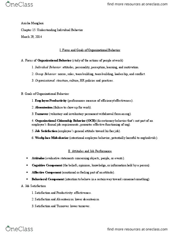 MG 210 Lecture Notes - Lecture 15: Job Satisfaction, Organizational Behavior, Organizational Commitment thumbnail