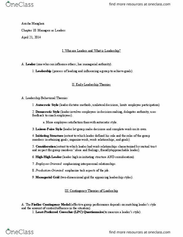 MG 210 Lecture Notes - Lecture 18: Fiedler Contingency Model, Situational Leadership Theory, Job Satisfaction thumbnail