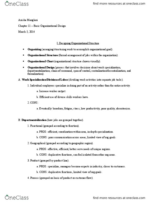 MG 210 Lecture Notes - Lecture 11: Departmentalization, Absenteeism thumbnail