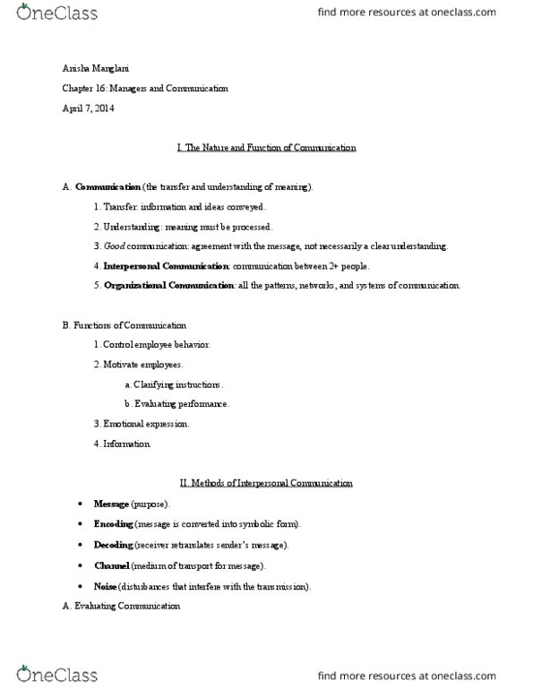 MG 210 Lecture Notes - Lecture 16: Interpersonal Communication, Organizational Communication, Voicemail thumbnail