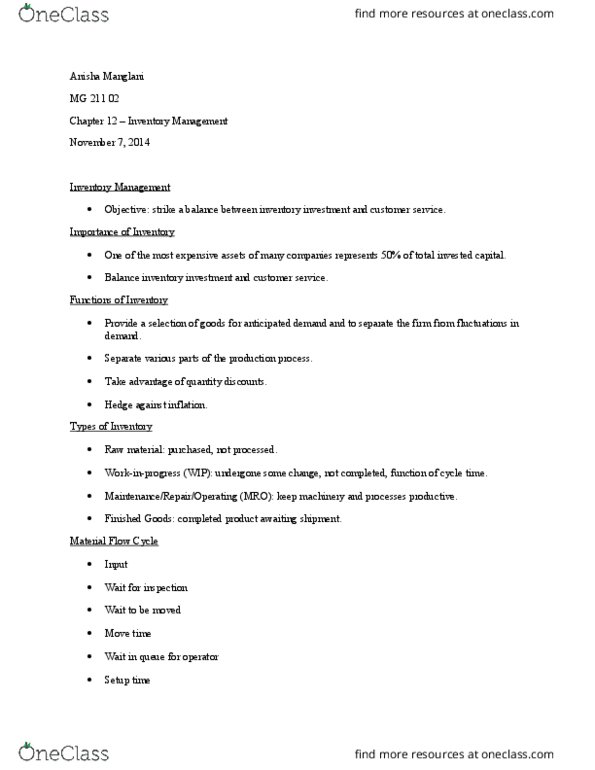 MG 211 Lecture Notes - Lecture 12: Economic Order Quantity, Carrying Cost, Finished Good thumbnail