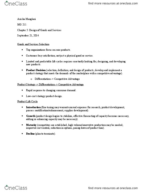 MG 211 Lecture Notes - Lecture 5: Quality Function Deployment, Product Manager, Production Planning thumbnail
