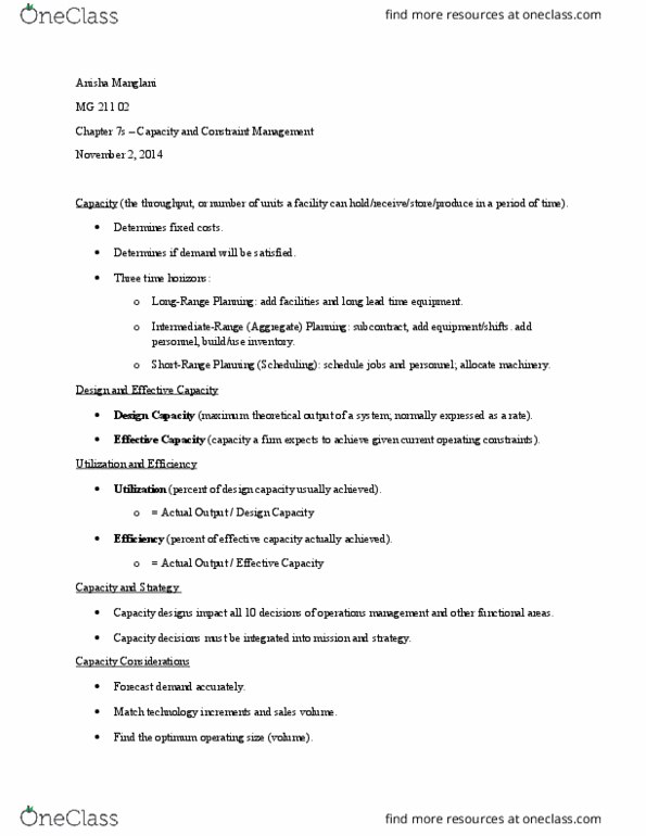 MG 211 Lecture Notes - Lecture 13: Operations Management, Net Present Value, Variable Cost thumbnail