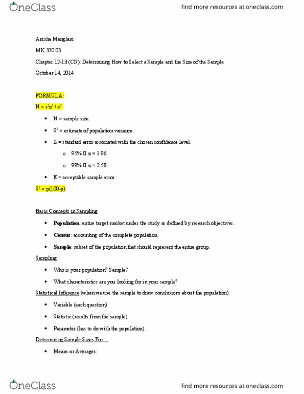 MK 370 Lecture Notes - Lecture 13: Simple Random Sample, Stratified Sampling, Sampling Frame thumbnail