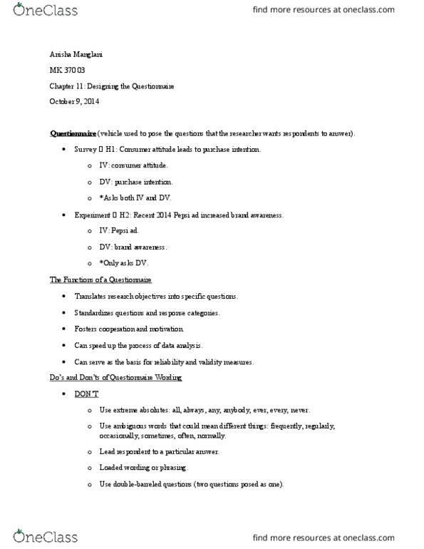 MK 370 Lecture Notes - Lecture 11: Qualtrics, Winn-Dixie thumbnail