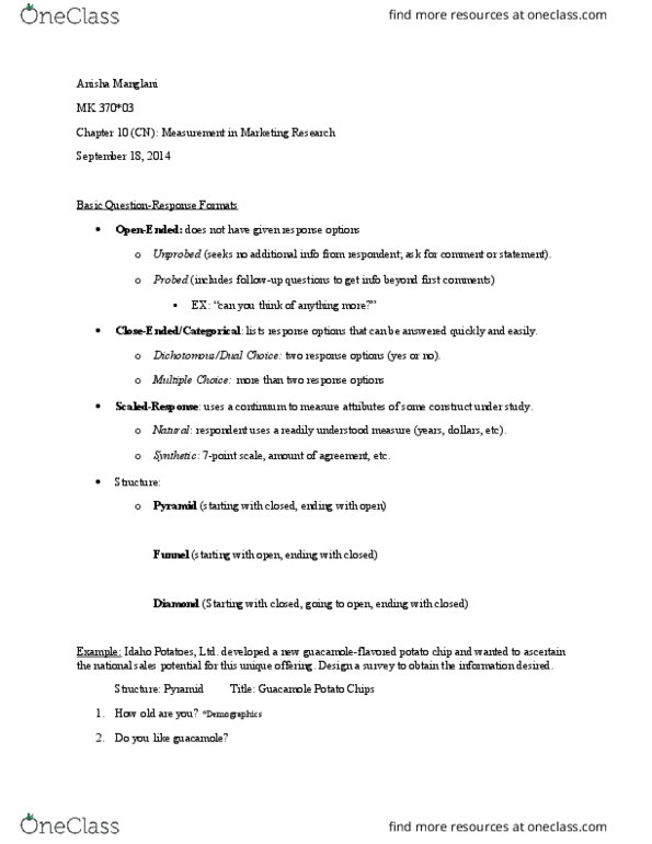 MK 370 Lecture Notes - Lecture 10: Potato Chip, Guacamole, Likert Scale thumbnail