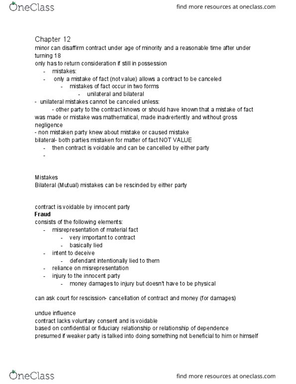 LAW 1101 Lecture Notes - Lecture 13: Oral Contract, Rescission, Fiduciary thumbnail