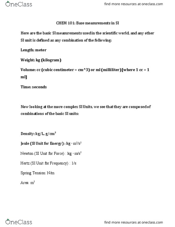 CHEM 101L Chapter Notes - Chapter 1.2: Kilogram, Molar Concentration, International System Of Units thumbnail