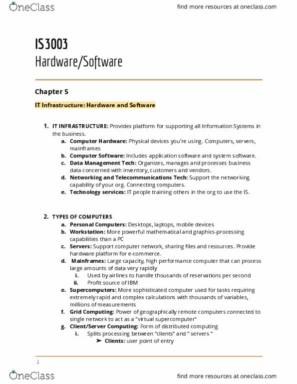 IS 3003 Lecture 5: Notes - Hardware & Software thumbnail