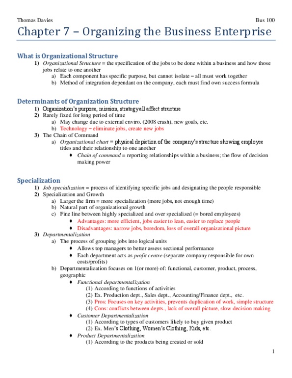 BUS 100 Lecture Notes - Departmentalization, Organizational Chart, Profit Center thumbnail
