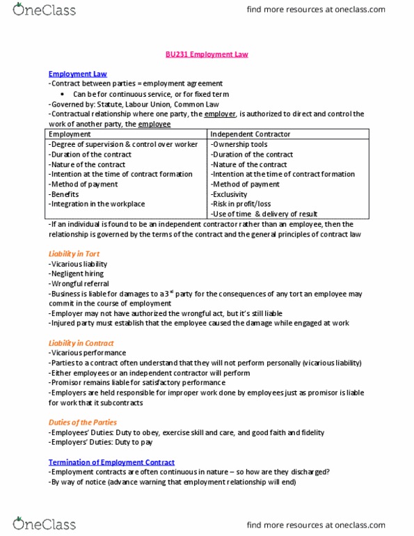 BU231 Lecture Notes - Lecture 15: Equitable Remedy, Contributory Negligence, Independent Contractor thumbnail