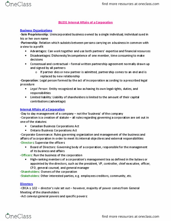 BU231 Lecture Notes - Lecture 16: Stock Certificate, Extraordinary Resolution, Proxy Fight thumbnail