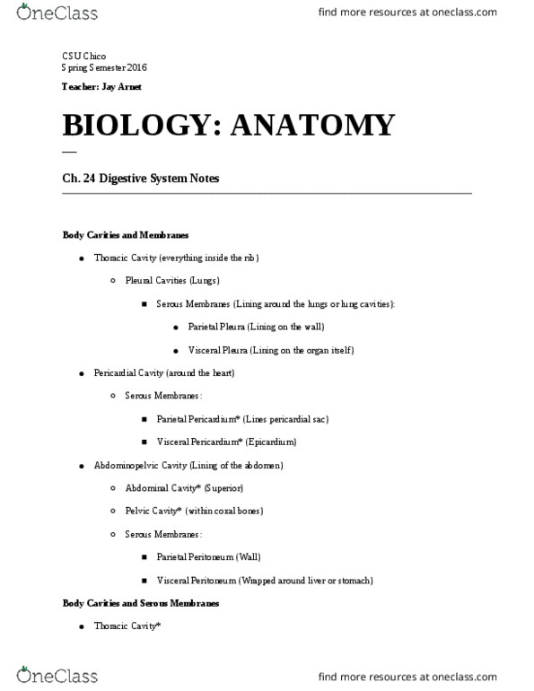 BIOL 103 Lecture Notes - Lecture 6: Pulmonary Pleurae, Esophageal Hiatus, Sphincter thumbnail