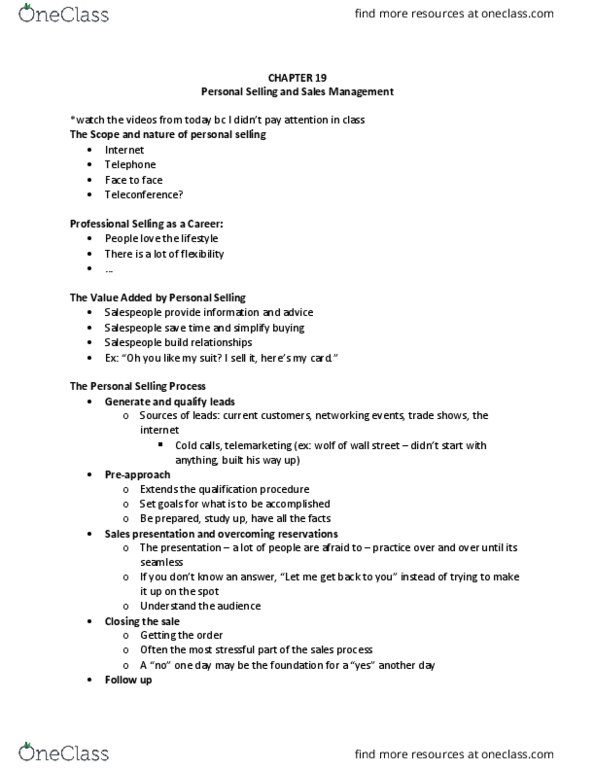 MKTG 3104 Lecture Notes - Lecture 19: Teleconference, Sales Process Engineering thumbnail