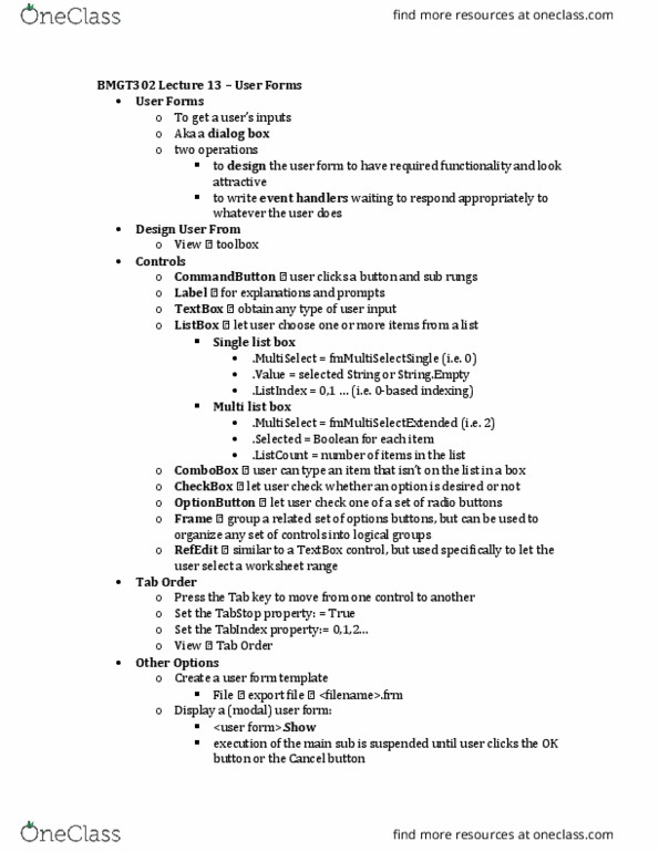 BMGT 302 Lecture Notes - Lecture 13: Doubleclick, List Box, Dialog Box thumbnail