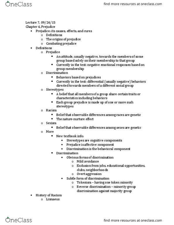 PSY 210 Lecture Notes - Lecture 7: Mass Media, Realistic Conflict Theory, Margaret Mead thumbnail