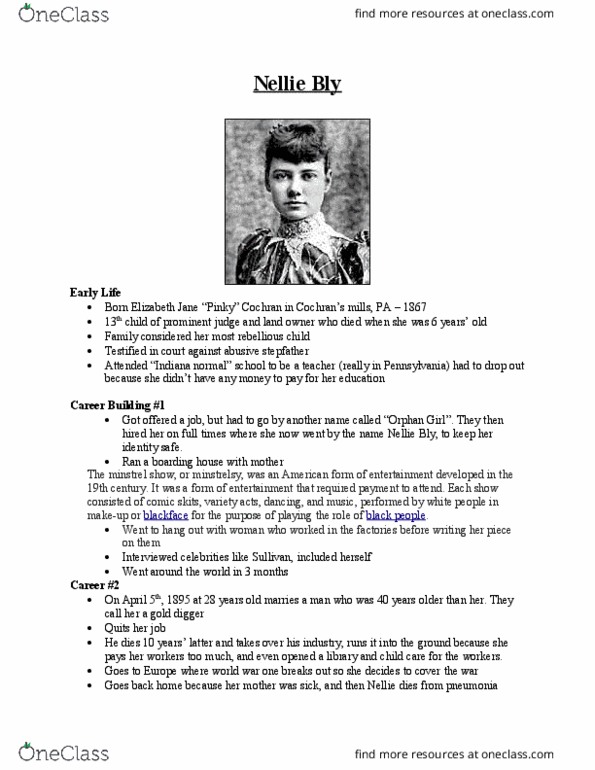 NEWS 105 Lecture Notes - Lecture 2: 6 Years, Yellow Journalism, Nellie Bly thumbnail