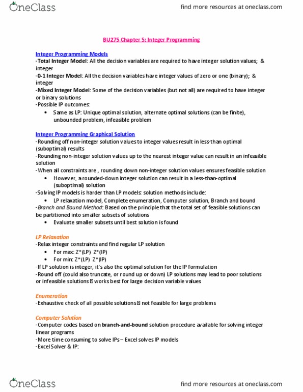 BU275 Chapter Notes - Chapter 5: Set Cover Problem, Capital Budgeting, Integer Programming thumbnail