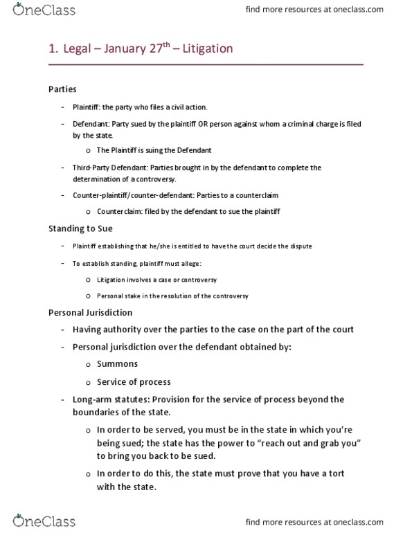 LEGL 2700 Lecture Notes - Lecture 4: Snowbirds, Personal Jurisdiction, Counterclaim thumbnail