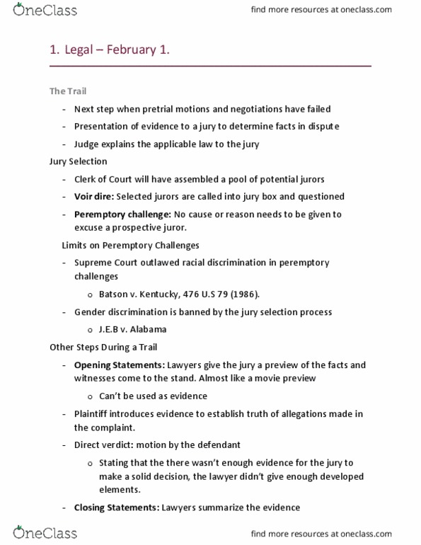 LEGL 2700 Lecture Notes - Lecture 11: Oral Argument In The United States, Peremptory Challenge, Jury Instructions thumbnail