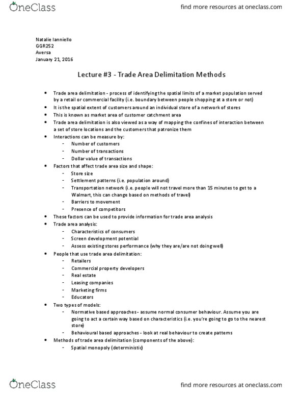 GGR252H5 Lecture Notes - Lecture 3: Voronoi Diagram, Commercial Property, Distance Decay thumbnail