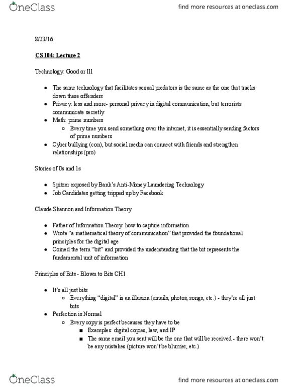 CS 104 Lecture Notes - Lecture 2: Checksum, Cyberbullying thumbnail
